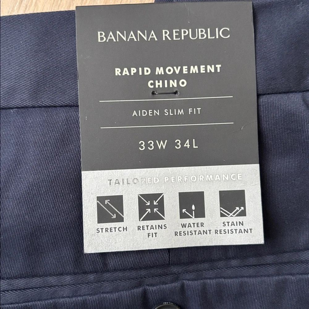NWT Banana Republic Aiden Slim Fit Rapid Movement Chinos in Navy Blue 33 x 34